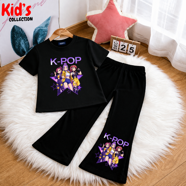 Trendy Kids K-POP 2-Piece Outfit Set – Top & Black Flared Pants