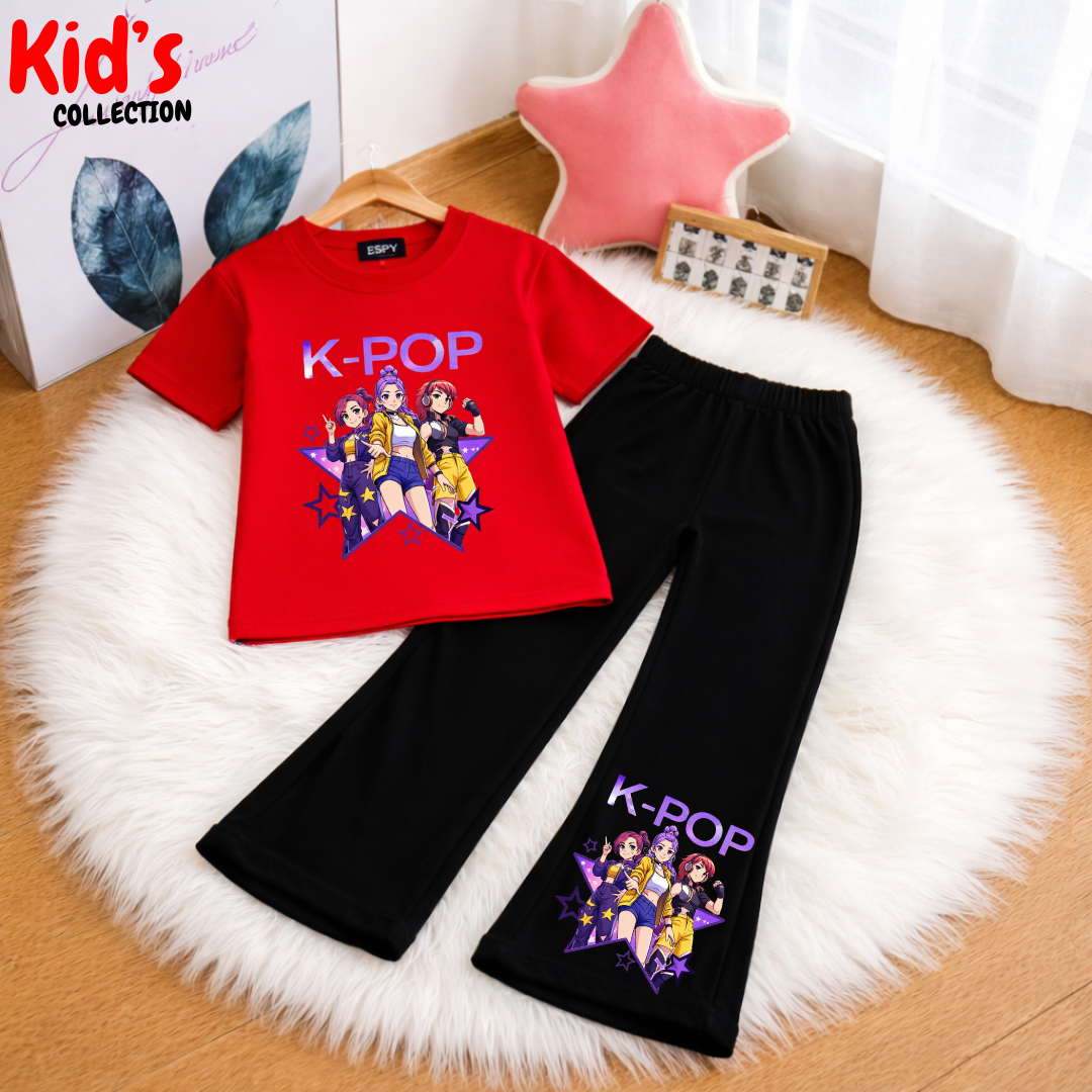 Trendy Kids K-POP 2-Piece Outfit Set – Top & Black Flared Pants