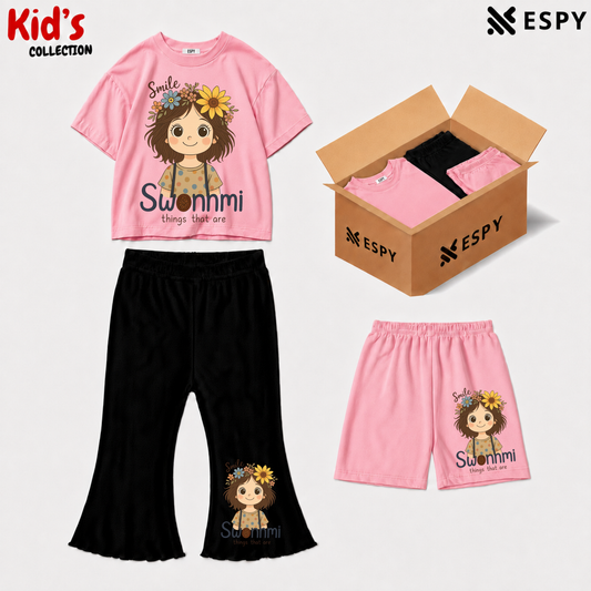 Kids 3-Piece Outfit Bundle Set – T-Shirt, Flared Pant & Shorts