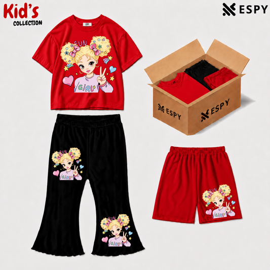 Kids 3-Piece Outfit Bundle Set – T-Shirt, Flared Pant & Shorts