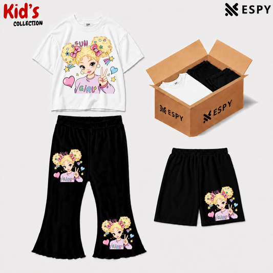 Kids 3-Piece Outfit Bundle Set – T-Shirt, Flared Pant & Shorts
