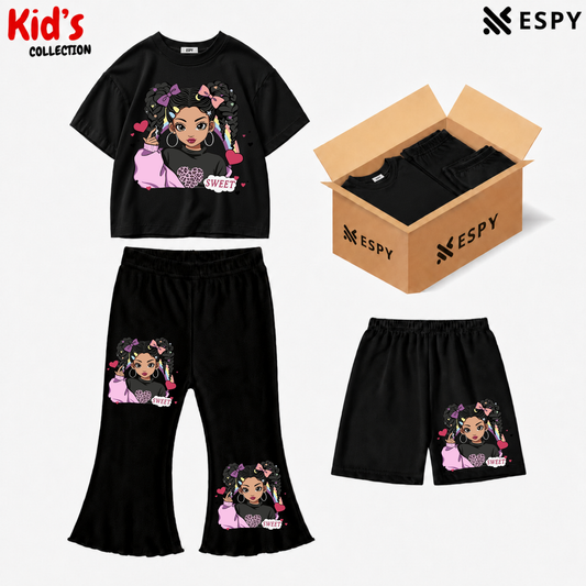 Kids 3-Piece Outfit Bundle Set – T-Shirt, Flared Pant & Shorts