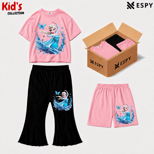 Kids 3-Piece Outfit Bundle Set – T-Shirt, Flared Pant & Shorts