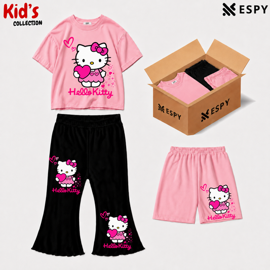 Kids 3-Piece Outfit Bundle Set – T-Shirt, Flared Pant & Shorts