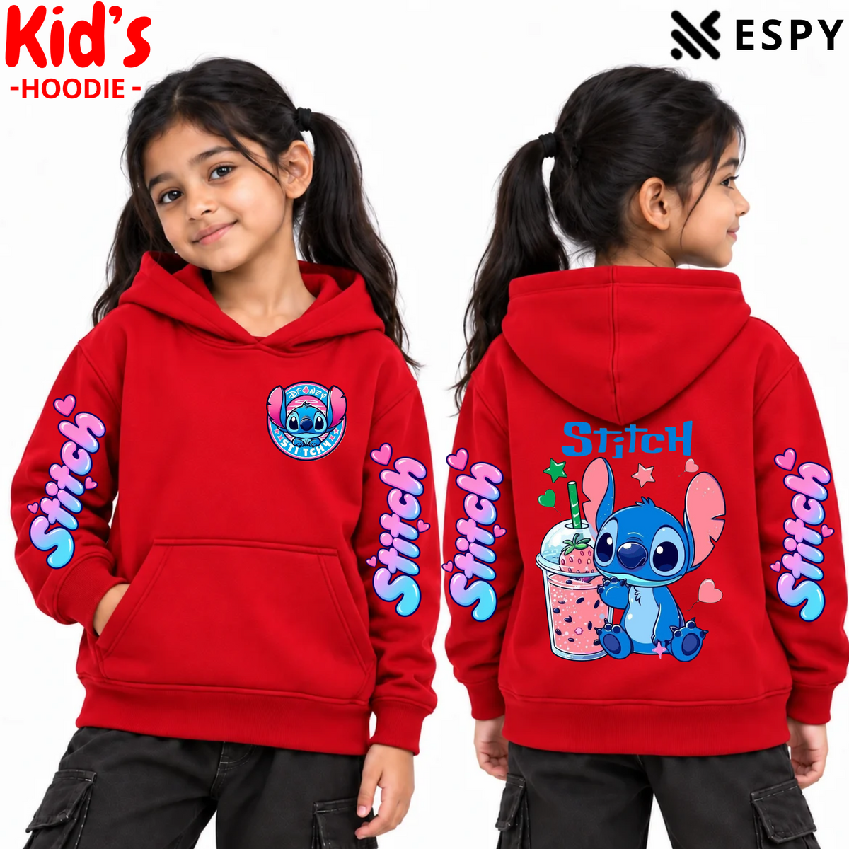 Kids Girls Stitch Print Cotton Hoodie – 12/14 Year